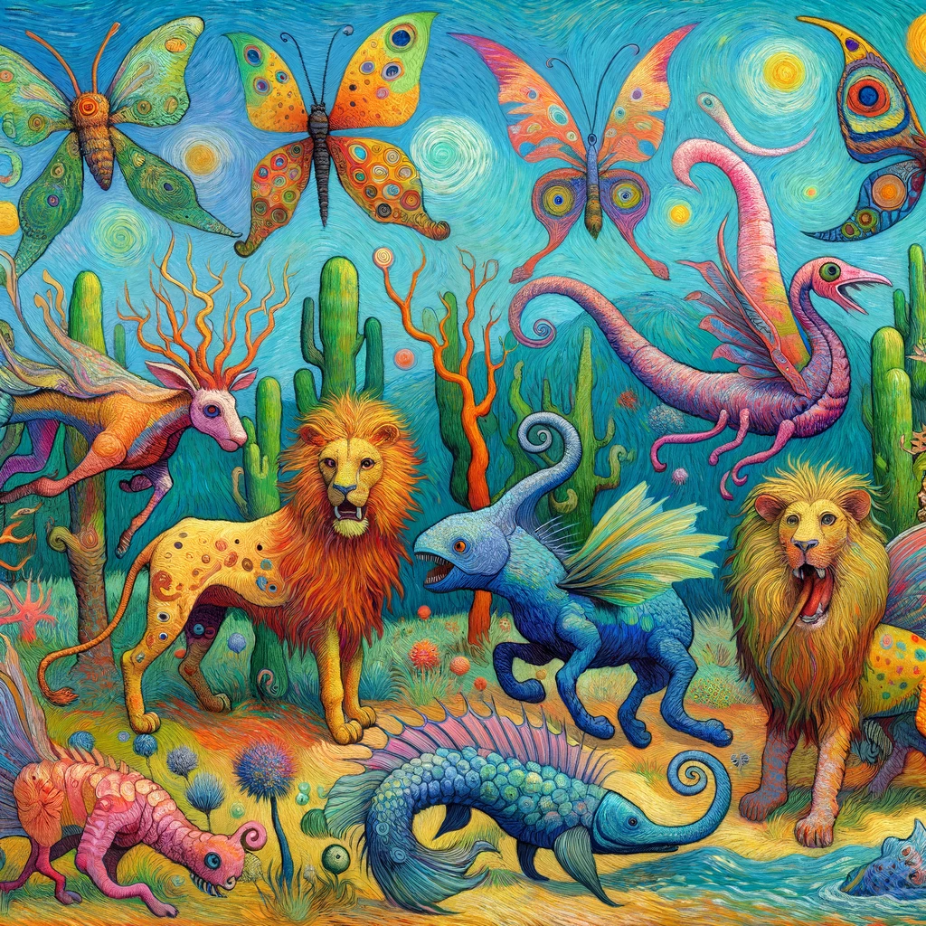 DALL·E 2024-01-12 03.22.57 - A whimsical, Van Gogh-style painting featuring a collection of weird and imaginative animals. Each animal is a fantastical creation, combining element